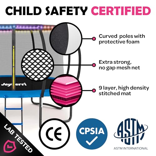 Image of JoyBerri Upsurge Trampoline Outdoor - ASTM Certified Safe 8Ft 10Ft 12Ft 14Ft 15Ft 16Ft Recreational Trampoline for Kids and Adults. Anti-Rust Coating with Enclosure Net, Ladder, Sprinkler & LED Lights
