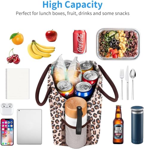 Image of KIKA Insulated Tiffin Bag for Office Women & Girls, Leopard Print Lunch Food Carrier, Hot & Cold, Bottle & Front Pockets