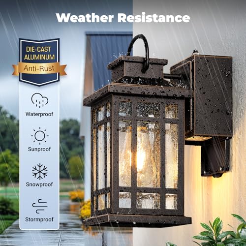 Image of Dusk to Dawn Porch Lights with GFCI Outlet, Outside Lighting Fixtures for House, Oil Rubbed Bronze Exterior Garage Light Fixtures with Gold Trim, Anti-Rust Outdoor Sconce Light for Patio, Coach