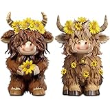 Burbell 2 Pcs Highland Cow Figurines Decor Cow Gnomes with Sunflower Resin Statue Calf Lovers Gifts for Farmhouse Home Garden Bathroom Kitchen Office Tiered Tray Table Decor