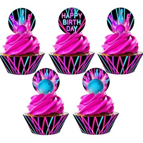 Bowling Cupcake Toppers and Cupcake Wrappers - 24 Cupcake Toppers and 24 Cupcake Wrappers - Bowling Party Supplies - Bowling Party Decorations - Glow Pink Cupcake Cover