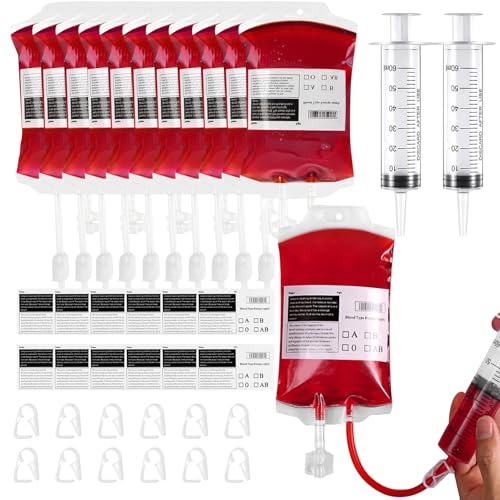 Jremreo 12 Pack Halloween Blood Bag Drink Pouches with Syringes 355ml Refillable Vampire Blood Drink Containers for Party Nurse Cosplay Horror Decor Halloween Bar Drinks