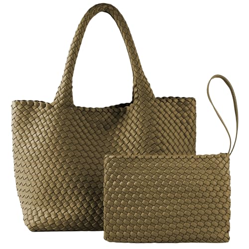Image of Woven Tote Bag for Women Vegan Leather Handwoven Bags with Small Purse