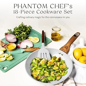 Phantom chef 18 piece cookware set non stick ceramic coating oven dishwasher safe pfoa free aluminum pots pans set with lids stay cool handles induction stovetop compatible beige  urban country home decor