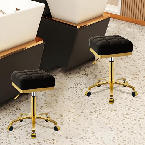 CQAEBK Banqueta quadrada giratória ajustável dourada com rodas, cadeira rolante de spa para salão de