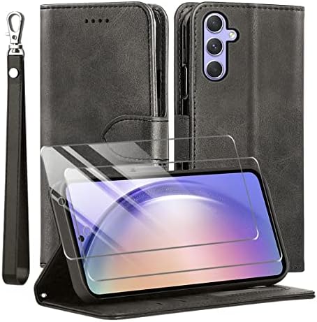 for Samsung Galaxy A54 5G Case and Tempered Glass Screen Protector, PU Leather Flip Cover Wallet Phone Case Protector [Full Protection] [Card Slots] [Kickstand] for Samsung Galaxy A54 5G, Black