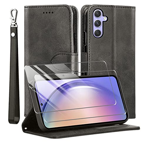 For Samsung Galaxy A54 5G Case And Tempered Glass Screen Protector, Pu Leather Flip Cover Wallet Phone Case Protector [Full Protection] [Card Slots] [Kickstand] For Samsung Galaxy A54 5G, Black #TOP1
