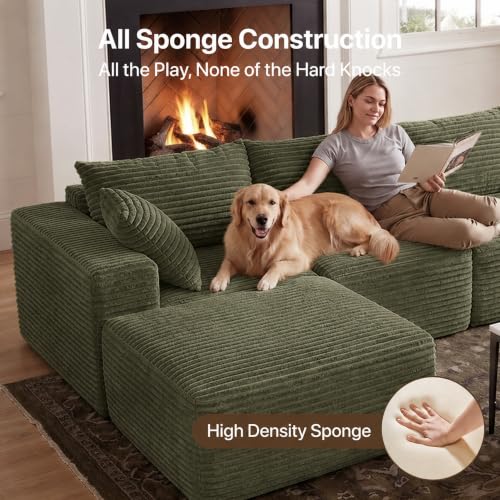 Image of Claiks 132 inch Boneless Couch, U-Shape Corduroy Sectional Sofa, Green