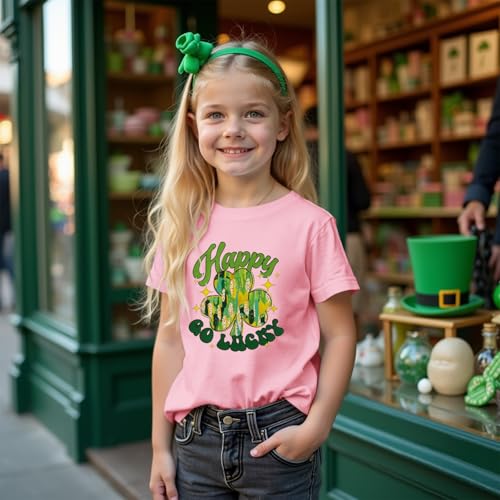 Image of MODNTOGA Kids Girls St Patricks Day Shamrock Graphic T-Shirt Happy Go Lucky Print Shirt Green Clover Short Sleeve Tee Tops (Pink, 9-10 Years)
