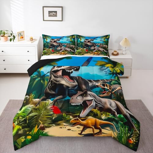 Image of Feelyou Dinosaur Dino Jungle Comforter Set King Size Boys Girls Bedding | Children Wild Animal All Season Breathable Soft Duvet Set Quilt Set Room Decor Microfiber 3Pcs Warm Cozy Lightweight