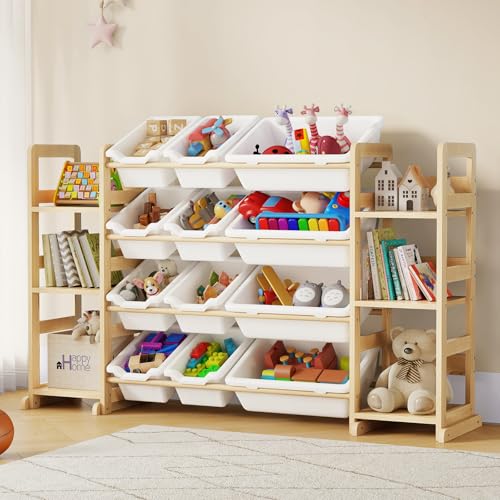 EXPERLAM Extra Large Toy Storage - Toy Storage Organizer, Wooden Toy Organizer with 6 Side Shelves and 12 Bins, 3-in-1 Bookshelf for Kids Rooms, Playroom, Nursery, White