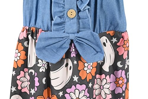 Image of Unique Baby Girls Sleeveless Denim Dress with Knot Tie and Fun Print for Toddler and Big Kids