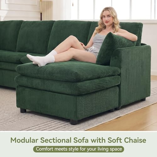 Image of 110 inch Sectional Couches with Right Chaise, Comfy Deep Dual-Layer Cushion Couch, 7 Seater U Shaped Couch, Modern Modular Sofa, Corduroy Sofas for Living Room, Apartment, Green