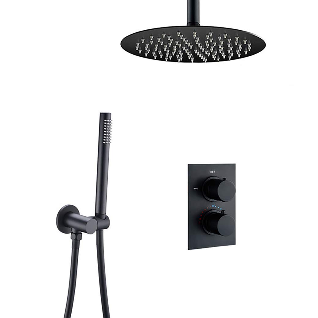 OZBMA shower set system, ceiling mounted black thermostatic valve bathroom taps with 8-12 inch round rainfall head and handheld shower, set,8 (A 10 Inch)