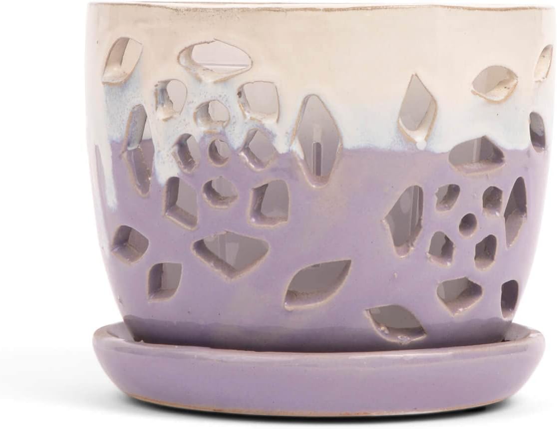 rePotme Orchid Pot - 5 inch Floral Cutout Ceramic Orchid Pot with Holes (Cream Over Lavender) - Includes 5 inch Slotted Pot Liner