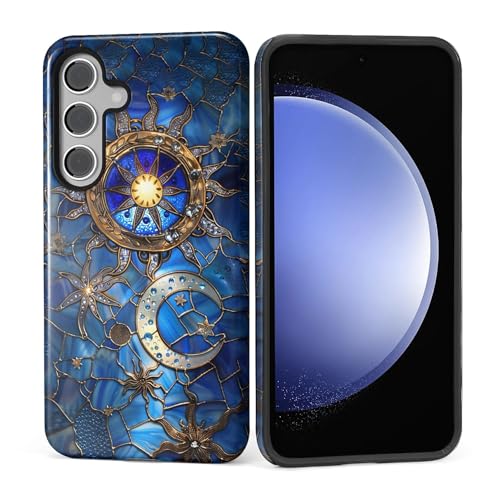 ZHEGAILIAN Case for Samsung Galaxy S24,Shockproof Hard Shell + Soft Silicone 2 in 1 Hybrid,Shockproof Bumper Drop Protective - Stained Glass Moon Sun