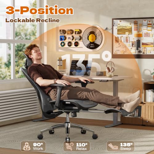 Image of GABRYLLY Ergonomic Office Chair with Adjustable Lumbar Support, 3D Armrests & Headrest, 135 Reclining Chair with Footrest & Large Steel Base,300LBS Swivel Desk Chair - GYMN01-DG