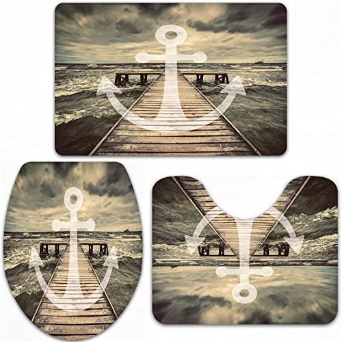 URSOPET Badteppich-Set 3-teilige, rutschfeste,Ankerdruck in Meereswellen mit langem Holzsteg, bewölktem Himmel, 3D…