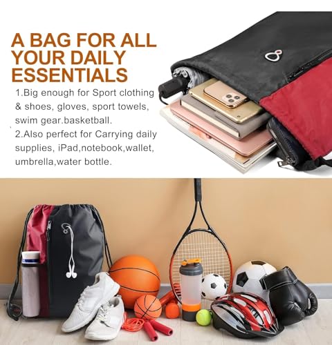 Image of ALASKA Drawstring Backpack Sports Gym Bag Large Size (18 Inch x 14 Inch) for Women & Men, Large Size With Two Zipper Pockets and Water Bottle Mesh Pocket.