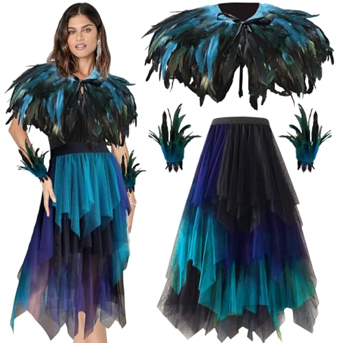 YOUYIKE Pfau Kostüm Damen, 3er Set Federkragen Manschetten Tüllrock, Gotische Hexenkostüm für Fasching Karneval Halloween Maskerade Party