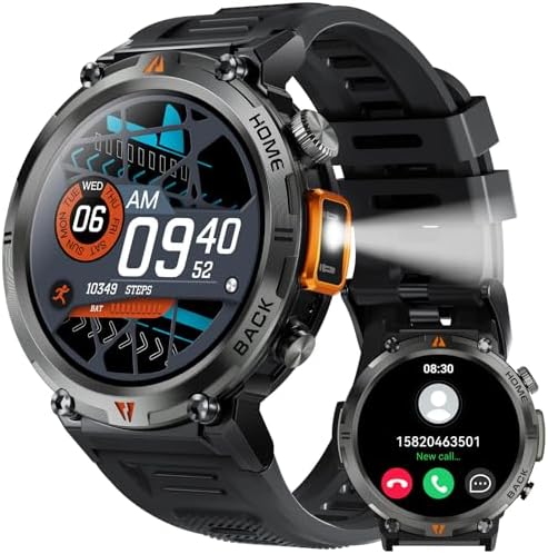 Military Smart Watch for Men with LED Flashlight 1.45″ HD 3ATM Waterproof Outdoor Tactical Rugged Smartwatch Sports Fitness Tracker Watch with Heart Rate Sleep Monitor for iPhone Android Phone