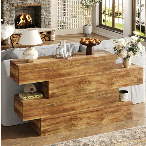 Image of knoworld 63 Inch Farmhouse Console Table with 4 Tier Storage, Rustic Wooden Sofa Table Behind Couch, Unique Staggered Entryway Table for Living Room, Long Hallway Foyer Table, Walnut