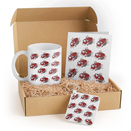3dRose Fire Truck Lover Gift Set - Includes Mug, Keychain, and Greeting Card - Perfect for Kids, Friends, and Holidays - Red Fire Truck Design