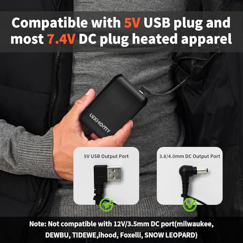 Compact 7.4V/5V 16000mAh Battery Pack for Heated Vests, Jackets, Hoodies, Pants, and Chairs