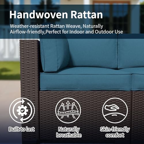 Image of 7 Piece Patio Furniture Set, Wicker Patio Conversation Sets, Outdoor Sectional Furniture with Tempered Glass Table, for Backyard, Deck, Garden, Dark Brown Rattan & Peacock Blue Cushions