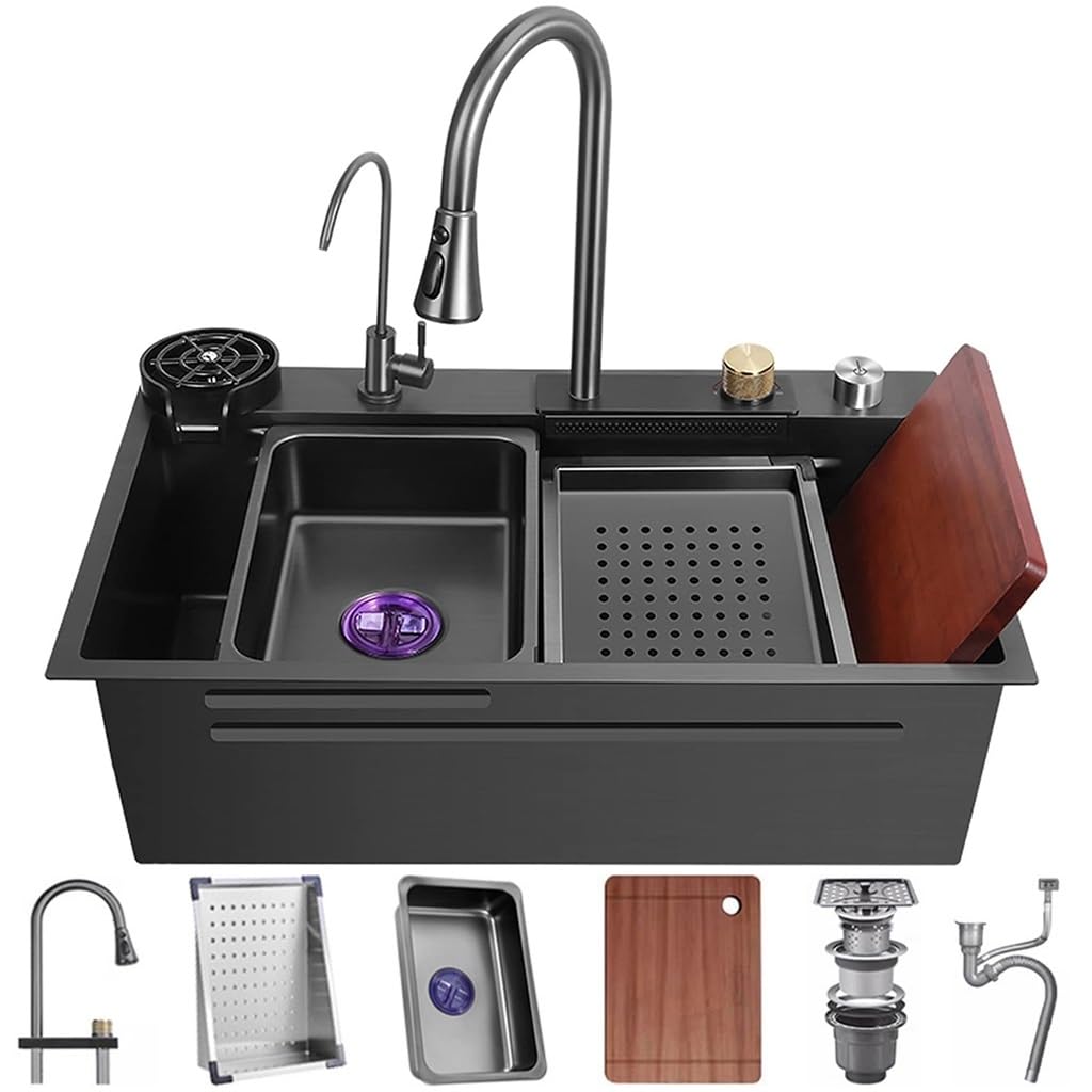 ZQFHSX Stainless Steel Single-Bowl Kitchen Sink Multifunctional Waterfall Nano-Coated Workstation with Pull-Down Faucet and Complete Accessory Set (Size : 75x45x22cm)