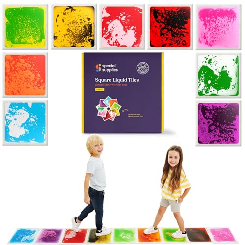 Special Supplies Square Floor Liquid Tiles for Kids, Set of 9, Colorful Early Learning Sensory Activity Mats for Toddlers and Children, Anti-Slip Backing for Active Play, Dance, and Games