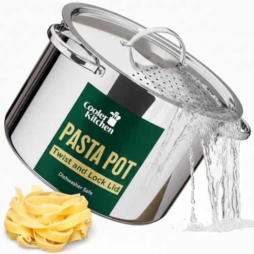 Cooler Concepts Stainless Steel Pasta Pot with Strainer Lid - 5.5 Quart Large Spaghetti Pot - Twist & Lock for Easy Drain & No Colander Or Strainer Basket Insert Needed - Dishwasher Safe Pots