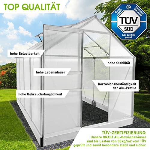 BRAST Gewächshaus Aluminium mit Fundament | 41 Modelle | 130x190x195cm - 490x250x235cm | TÜV geprüft | 6mm Hohlkammerplatten | rostfrei wetterfest temperaturbeständig | 250x190x195cm Silber – Bild 4