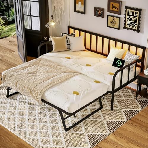 MU Daybed with Pop Up Trundle, Twin Day Bed with Trundle Bed Twin, Charging Station and LED Lights,...