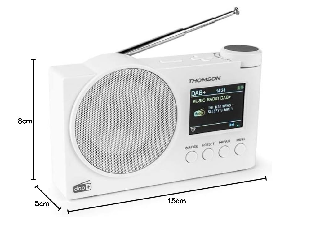 Radio Dab+,FM, 60stations préréglés Possible,Rechargeable ou Secteur, reveil, Enceinte Bluetooth Thomson RT400DABBT,Cable de Charge usbc (Blanche)