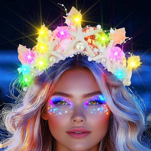 Handcess Leuchtende Seestern-Muschel-Tiaras und Kronen, LED-Conch-Krone, Stirnband, leuchtende Meerjungfrauenkostüm, Kopfbedeckung, Party, Rave, Haarschmuck für Frauen