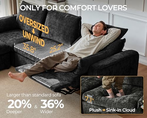 Image of Oversized Modular Sectional Sofa with Power Recliner, Plush Cloud Couch with Headrest, Convertible Deep L-Shaped 6 Seater with Corner and Storage Ottoman, Chenille, Black