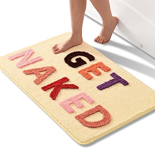 QJHOMO Get Naked Bath Mats 60 x 90 cm Non Slip, Machine Washable Microfiber-Rug, Soft, Colorful Letters, Beige