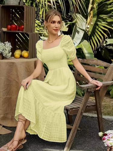 Image of Shreyam Girl's & Women's Solid A-Line Ruched Puff Sleeve Maxi Long Evening One Piece Long Dress for Women Stylish