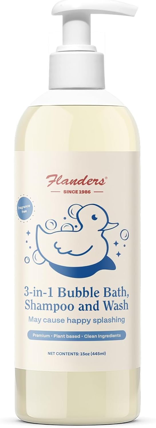 Flanders 3-in-1 Bubble Bath, Shampoo and Wash. Premium, Pharmacist Developed, Plant Based. Fragrance Free, Calming, Cleansing Wash. Ages 0 and Up. USA Made with Clean Ingredients. 15oz.