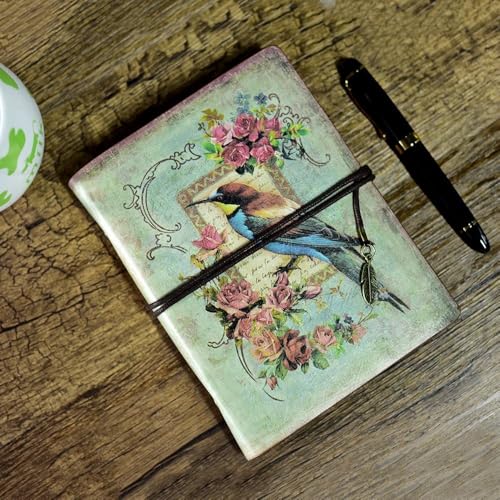 Image of Vintage Refillable Journal, Premium Leather Traveler Notebook Sketchbooks Classic Diary Planner with Blank Pages and Zipper Pocket (Leather Journal-Bird)