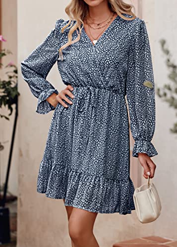 Image of KIRUNDO Women Casual Summer Fall Dresses Long Sleeve Floral Wrap V Neck High Waist Ruffle Tiered A Line Flowy Mini Dress