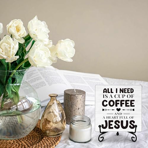 Image of Coffee Bar Decor, All I Need Is A Cup Of Coffee Desk Decor, Christian Wooden Plaque Sign With Iron Stand, Rustic Kitchen Sign for Farmhouse Home, Wood Signs for Bar Cafe -62
