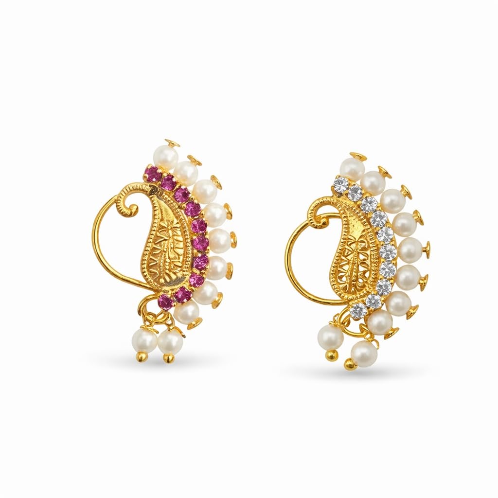 Gold Plated with Pearl Alloy and Artificial stone CZ Non Piercing Maharashtrian Nath Nathiya Combo./ Nose Pin valentine day gift valentineday gift for her gift for him gift for women gift for women-image-49