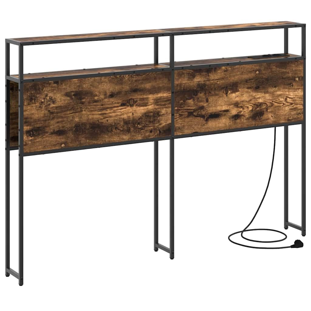 Zagłówek z regałem, dąb wędzony, 120 cm, materiał drewnopochodny, nowoczesny zagłówek łóżka, pełny rozmiar, ze stacją ładującą, wytrzymała drewniana rama