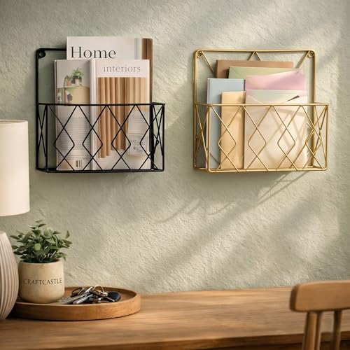 Image of Hanging File & Magazine Holder - Wall Mounted Metal Organizer for Newspapers, Documents & Office Storage | Decorative Black Wall Rack for Home & Workspace (Black+Golden)