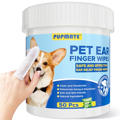PUPMATE Ear Finger Wipes for Dogs & Cats - Cleaning Earwax & Debris - Relieves Ear Itching & Discomfort - Fresh Aloe Scent - Sooths & Repair, Natural Ingredients-50 Count