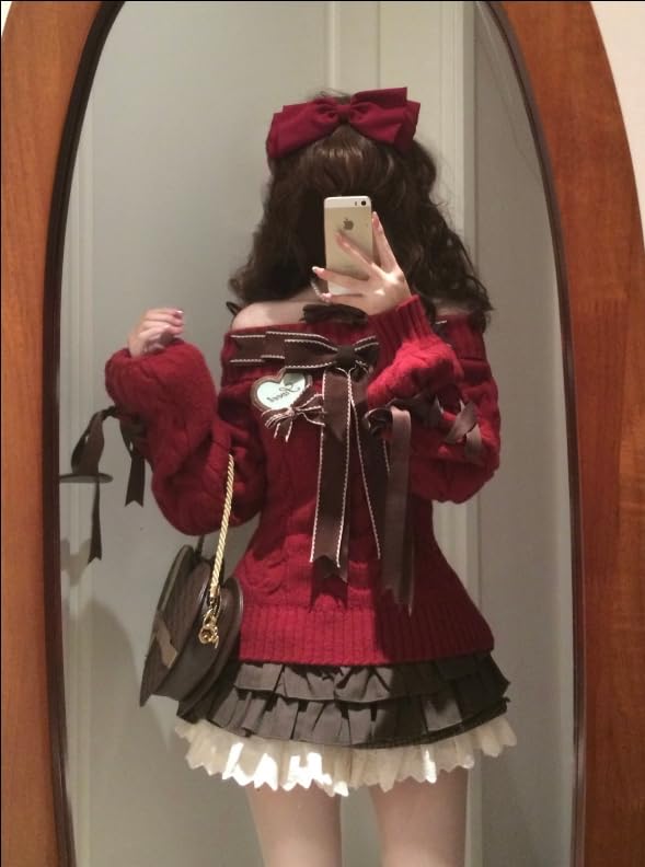 Womens Y2k Off The Shoulder Sweater Cute Bow Long Sleeve Cable Knit Pullover Kawaii Sexy Knitted Top2