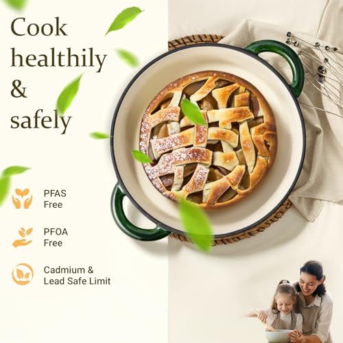 Image of Overmont Enameled Cast Iron Dutch Oven - 7QT Pot with Lid Cookbook & Cotton Potholders - Heavy-Duty Cookware for Braising, Stews, Roasting, Bread Baking GlossyGreen