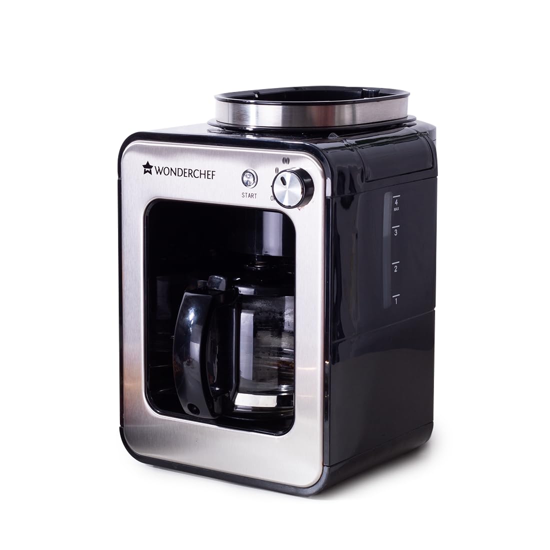 Wonderchef Regalia Bean-to-Cup Brew Coffee Maker with Grinder | Grind Coffee Beans | Get Fresh Aromatic Powder | Brew 4 cups | Glass Carafe | Easy Control Dial | 2 Years Warranty | Steel